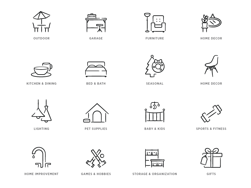 Icon Family black and white category icons design icon set icons line art retail simple site icons