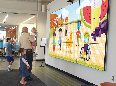 DoSpace Interactive Wall adults animation branding design dog illustration illustrations interactive design interactive video interactive wall jump kids motion motion graphics people picnic puppy wheel chair