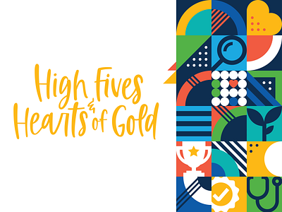 High Fives & Hearts of Gold branding bright calligraphy children circles design gold growth hand lettering handlettering health care healthcare hearts hospital icons kid logo pattern playful typography