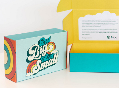 FNBO Post Big About Small Influencer Box bank banking box branding clouds graphic design hand lettering handlettering influencer lettering mailer package design packaging post production rainbow shipping box small business sunshine typography