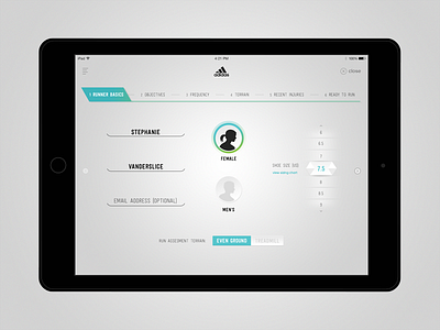 adidas Run Genie - Runner Info adidas app forms interface ipad profile running shoes simple ui