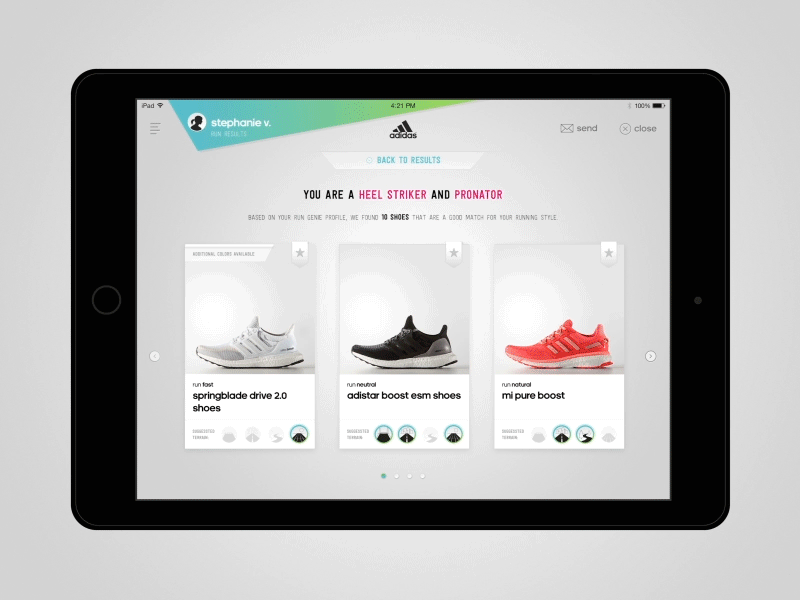 adidas Run Genie - Recommended Shoes adidas app e commerce favorite interface ipad running shoes simple ui