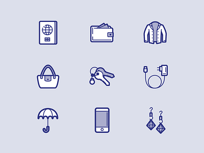 Peek'in icon set #3 adobe illustrator brand design brandidentity branding charger earings iconography icons jacket keys passport phone purse umbrella wallet