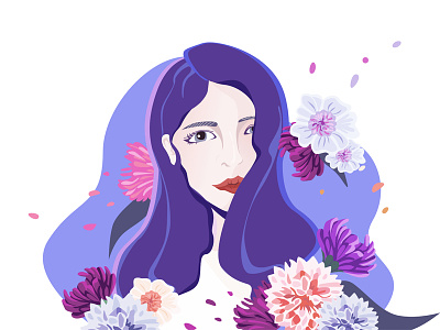 Girl blue flower girl head illustration love petal pink portrait pretty purple self-portrait