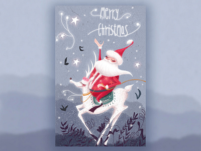 Merry Christmas christmas deer elk gift grass illustration red santa snow white