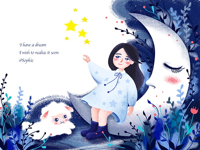 Dream blue dream flower girl illustration moon sheep star