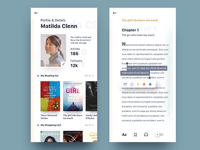 Book app | Profile & reading page app book book art design highlight home page icon illustration ios iphone logo mobile nice100 ps she space sudhan typography ui ux