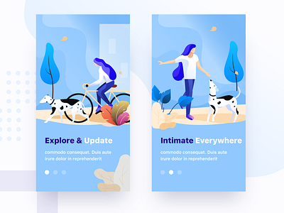 Onboarding screens app branding design dog explore girl illustration nature nice100 onboarding screen ps she spring sudhan tree typography ux vector web wind
