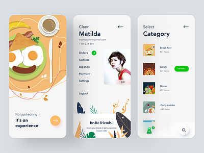 profile screen address branding breakfast category design dinner experience food food app illustration invite iphone mobile onboarding orders ps search typography vector web
