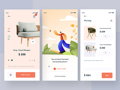 E commerce | order successfully page app chair coupon coupon codes human illustration iphone mobile next ocean orizon plants price search shopping shopping bag shopping cart sudhan typography web