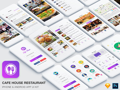 Cafe House Restaurant App UI Kit (Sketch & PSD) bakery bar booking business cafe club coffee fast food illustration minimal reservation restaurant