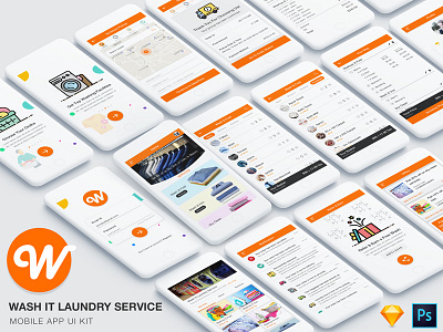 Wash It Laundry Service app UI Kit app cleaning cloth delivery iron laundry machine pickup refer walk through wash washing
