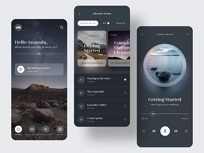 Moody app calm card dark meditation meditation app minimal mobile player playlist ui ux