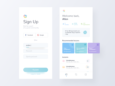 SignLab app card education language learning minimal mobile school signin signup student ui ux