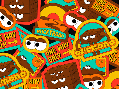 Offroad Chocolate Trips brand design brand identity branding branding design cartoon character design character illustration characterdesign chocolate chocolate packaging confectionary digital illustration illustration rocky road stickermule stickers
