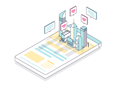 Talk of The Town building dialog flat illustrator isometric likes newsletter