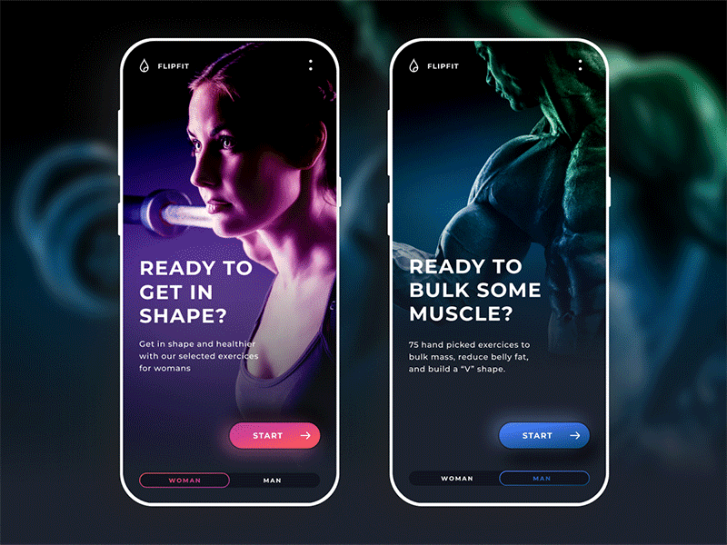 FlipFit - Workout / Fitness concept app android app appdesign blue clean concept figma fitness gym interface ios mobile ui modern muscle shape ui uiuxdesign uxdesign uxui workout
