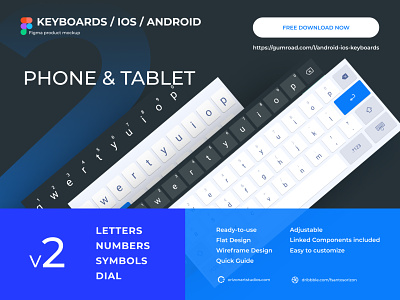 V2 - Android & IOS Keyboards (Tablet / Phone) - Figma Mockup android apple clean design design material download figma material flat ui freebie interface ios keyboard mobile mockup modern phone tablet ui uidesign uiux vector