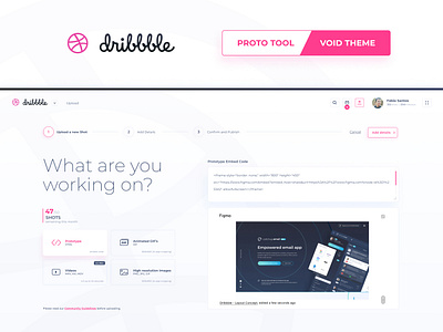 Dribbble - Prototype Embed Tool + Void Theme app clean concept design dribbble figma interface modern pink prototype style theme tool uidesign uiux website