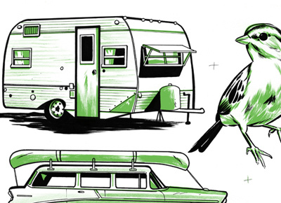 Drawings for Seattle Met bird camping canoe car icons illustration trailer