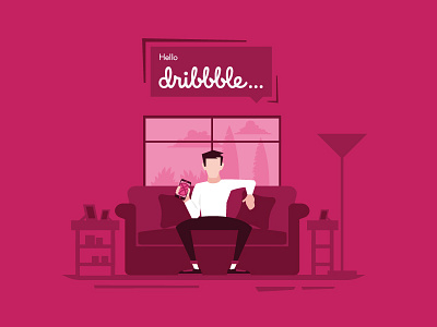 Hello Dribbble contrast debut dribbble hello living man mobile pink relax room sofa vector