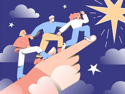 Together to the stars blue character clouds friends goal hand illustration night people shine sky space star team together vector