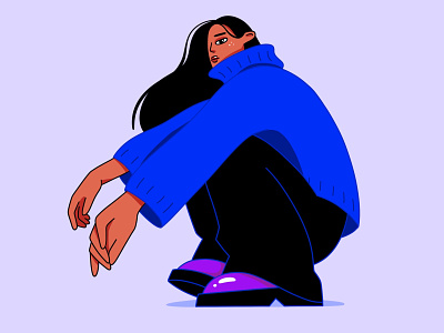 Oversized clothing blue boots chill cool fashion girl hair illustration jeans model oversize oversized pose procreate simple sitting sweater violet