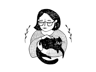 Girl With Cat black and white cat character drawing girl illustration ink