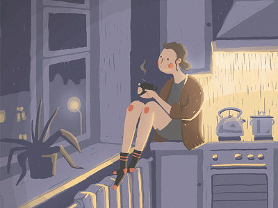 Windowsill character cozy drawing evening girl illustration kitchen lights window