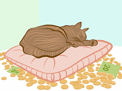 Cat sleeping on money