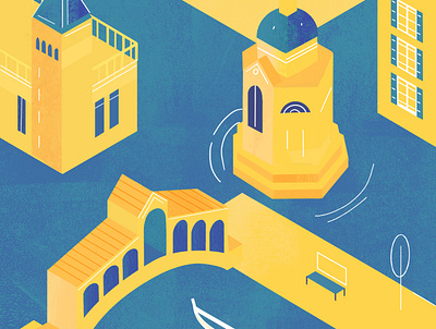 Isometric city blue boat city isometric venice water yellow