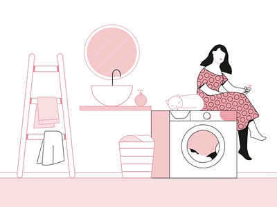 Washing machine animation cat character explainer girl pink wash washing machine