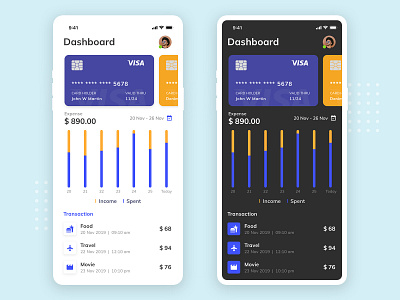 Expense dark app dark ui darkmode dashboard ui expenses flatdesign food income ios movie sketch spent transaction travel ui visa