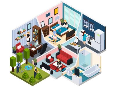 Home staff isometric people character illustration interior isometric isometric icons isometric illustration people vector
