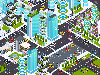 Smart city buiding character illustration isometric vector