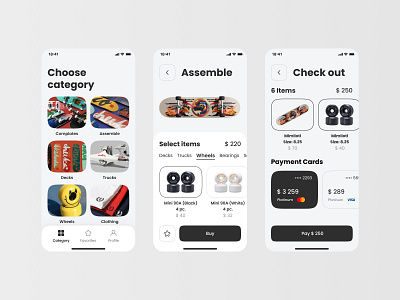 Assemble your skateboard app asse assemble category decks mobile payment cards skateboard ui ux wheels