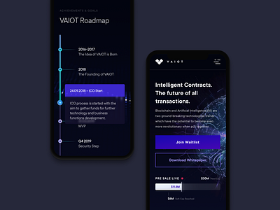 VAIOT // intelligent contracts adaptive blockchain clean crypto crypto currency dark ui ibm ico landing page minimal mobile modern motion design responsive roadmap sketch timeline ui ux