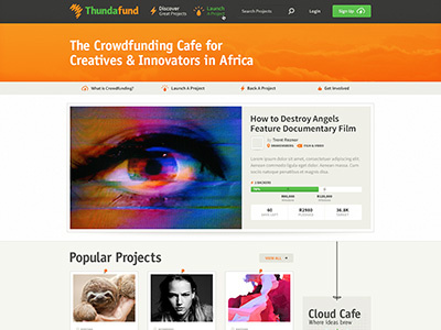 Homepage african bar crowd crowd funding crowdfunding featured funding green image milestones orange progress project sans serif source sans pro texture thundafund ui website