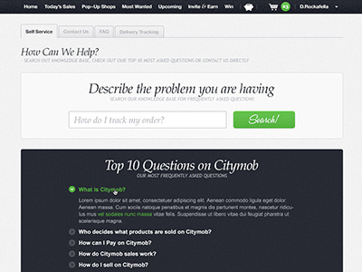 Self Service, FAQ & Contact Us citymob contact design faq form knowledge base knowledgebase search support texture top 10 ui