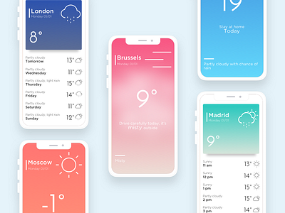 The Weather App app cards design gradient icons ios iphone x mobile swipe ui weather