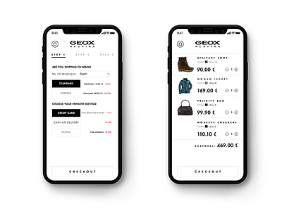 Geox App checkout e commerce fashion geox interaction iphone iphonex minimal mobile ui ux visual