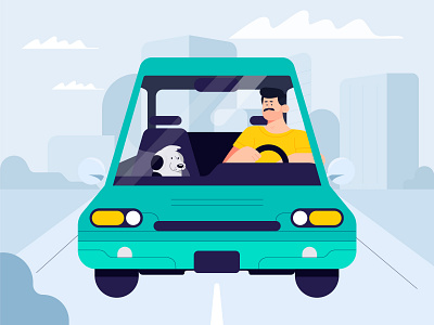 On the way home aftereffects car character characters city design dog dribbble flat illustration pet roadway