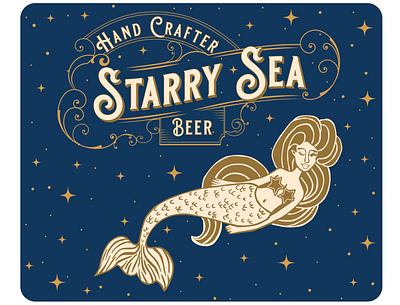 Starry Sea Beer Logo 2d beer brand branding clean design drawing flat graphic design graphics illustration lable logo mermaid packaging