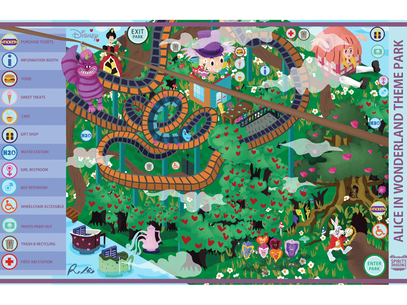 Alice In Wonderland Theme Park Map 2d cartoon character clean disney drawing flat graphic design graphics green illustration