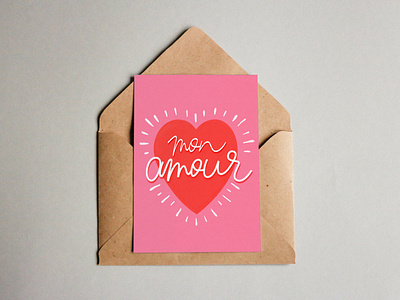 Mon Amour amour heart illustration lettering postcard