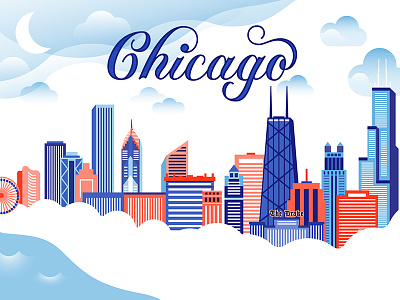 Chicago Postcard architecture blue chicago city ferris wheel john hancock lettering navy pier sears tower skyline