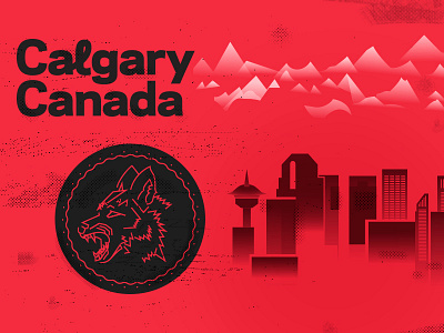 Calgary Canada animal badge black calgary canada city illustration red skyline type wolf