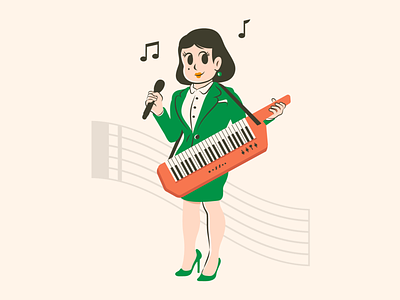 Karaoke 80s complementary colors dance girl illustration instrument japan jpop karaoke keytar kpop microphone music piano sing sound suit synth synthesizer
