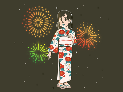 Summer Hanabi, 夏の花火 asia fireworks flowers girl hanabi illustration japan japanese kimono robe summer tokyo yokata