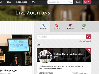 Auction Interface auction bidding chat clean flat follow heart icons overlay search tag wine